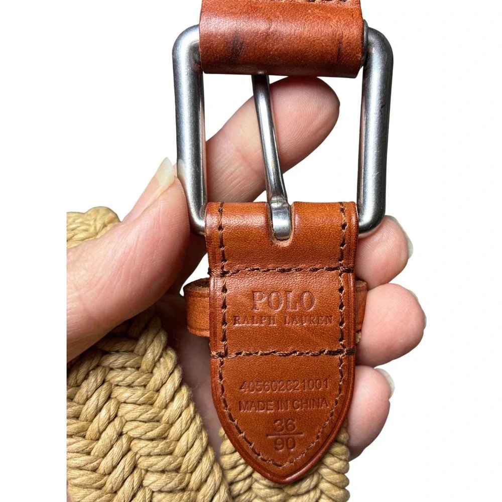 Polo Ralph Lauren Braided Rope Leather Trim Belt Tan Brown Size 36